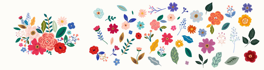 Flowers and leaves. Beautiful botanical flower collection with roses, leaves, floral bouquets, flower compositions.	
