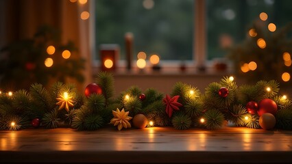 Festive holiday table decoration with garland, ornaments, and warm lights at night