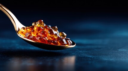 This artistic close-up captures glossy amber caviar resting on a lavish golden spoon, illustrating luxury and indulgence in a striking visually appealing manner.