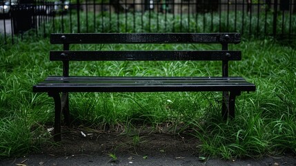 Serene park bench surrounded by vibrant green grass in a peaceful outdoor setting