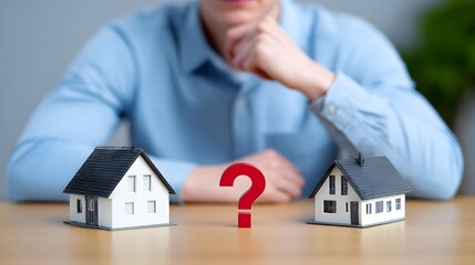 A person considering different house models and weighing options for a real estate investment or residential purchase