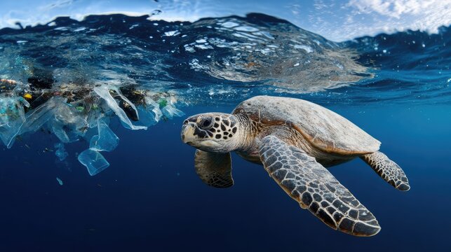 A serene sea turtle swims gracefully through crystal clear waters, highlighting the impact of plastic pollution. A vivid reminder of the challenges facing marine life today.