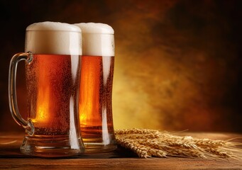 Two frothy mugs of amber beer with wheat on rustic wooden table against warm background, ideal for brewery branding, Oktoberfest celebrations, bar advertising, and beverage marketing
