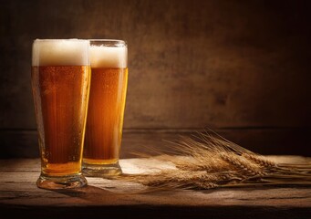 Two tall glasses of golden beer with frothy head and wheat on rustic wooden table, perfect for brewery branding, Oktoberfest promotions, bar advertising, and beverage marketing