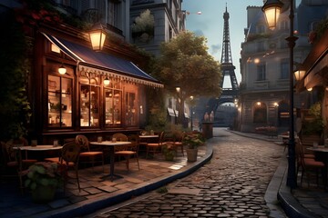 Fototapeta premium Vintage Parisian Café on Charming Cobblestone Streets | Romantic Travel Destination, European Architecture, Timeless Cityscape in 8K Ultra HD