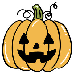 Halloween pumpkin with carved face and green stem, featuring triangular eyes and nose, and jagged smiling mouth, perfect for festive decoration and spooky celebrations
