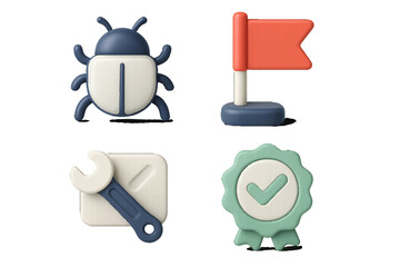 Fototapeta premium Modern 3D rendered icons for software development, bug fixing, project management, and quality assurance