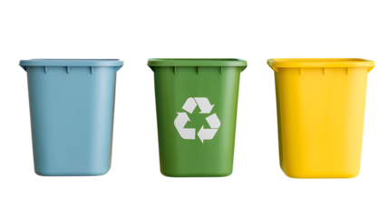 Three recycling bins in bright colors on transparent background, minimal design, flat lay, commercial eco lifestyle concept