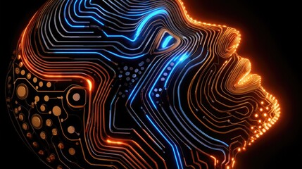 A stunning representation of identity and technology, featuring a digital face composed of luminous circuits