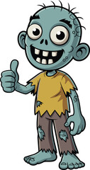 Fototapeta premium Cartoon zombie, vector character, blue-green skin, thumbs up, funny monster, Halloween design, tattered clothes, smiling face, horror theme, playful undead