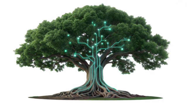 Post-Human Symbiosis Tree with Neon Circuit Veins and Digital Ecosystem