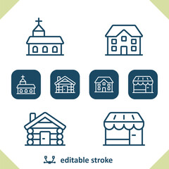 Buildings Icons. Church, House, Cabin, Shop, Store Icon