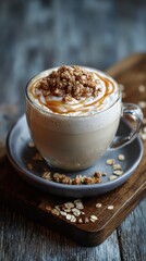 Creamy caramel cappuccino with oat topping on rustic wooden table. Apple Crisp Oatmilk Macchiato