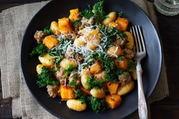 Gnocchi with kale, butternut squash, sausage, and parmesan on black plate