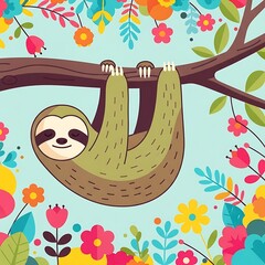 Sloth Hanging with Flowers, and Tree Branch.