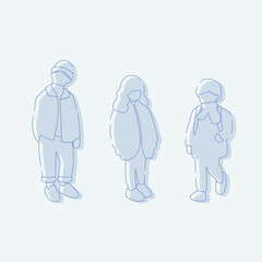 flat minimal children male and female vector illustration in winter clothing concept isolated set collection. Outline with silhouette shadow. For architecture rendering, design, info graphic, media