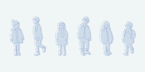 flat minimal children male and female vector illustration in winter clothing concept isolated set collection. Outline with silhouette shadow. For architecture rendering, design, info graphic, media