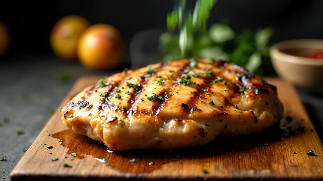 Grilled chicken breast steak with herbs wooden board featuring juicy cooked meat, fresh ingredients, and appetizing warm lighting