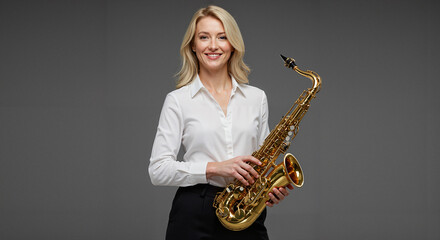 Fototapeta premium Young woman smiling while holding saxophone in studio setting 