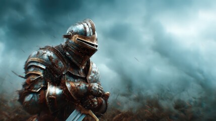 Obraz premium A solitary knight clad in weathered armor stands amidst a chaotic storm, embodying a classic representation of bravery, valor, and timeless strength in the face of adversity.