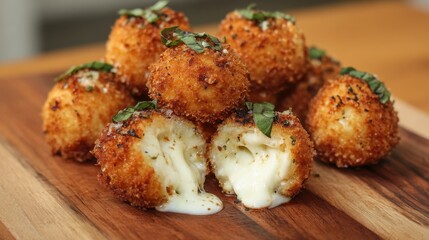 Fototapeta premium Crispy golden arancini balls with gooey cheese and fresh basil garnish on wooden board