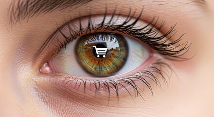 Fototapeta premium See your next purchase reflected in a sharp, detailed eye with a shopping cart icon overlay