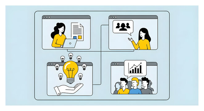 Bright ideas, collaborative teamwork, and business growth showcased in a modern, dynamic online meeting