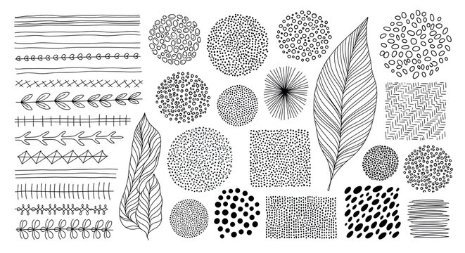 Hatching Texture Set Hand-Drawn Lines, Dots, Shapes, Vector Illustration