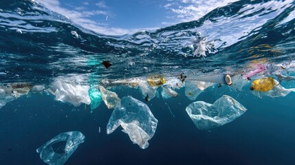 This image captures plastic waste floating in ocean waters, highlighting the pressing environmental issue of pollution