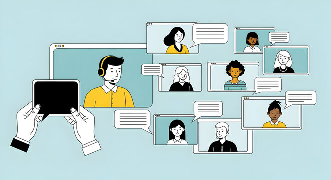 Virtual team meeting with diverse colleagues connecting online for a modern collaboration in a digital workspace