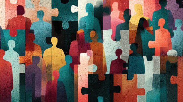 Elegant photo of colorful puzzle pieces form diverse group of people. Concept of teamwork, business structure. Visualizes company departments, teams. Illustrates hiring new.