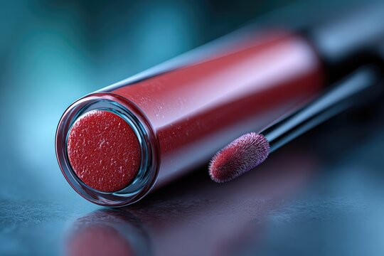 Close-up of a tube of glossy red lipstick with applicator