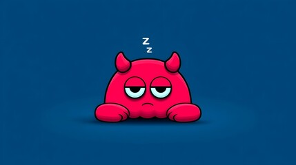 Whimsical illust n of a cozy, red monster character resting and napping with a peaceful expression on a vibrant blue background