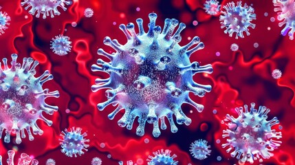 Vibrant red background featuring intricate virus pattern design for modern graphics and art