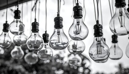 Black and white image of hanging light bulbs