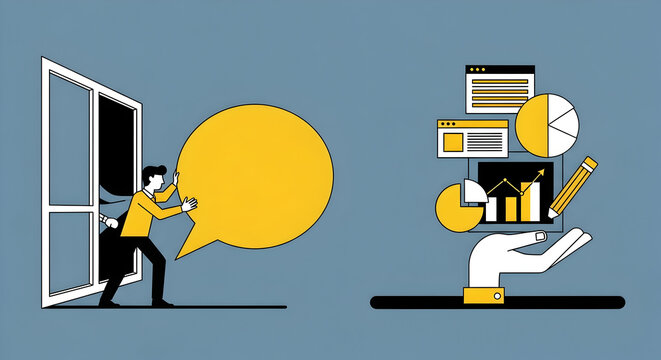 Man pushing giant speech bubble out of doorway, offering data analytics icons on a palm