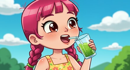 Cartoon girl drinking juice outdoor with blue sky and green trees