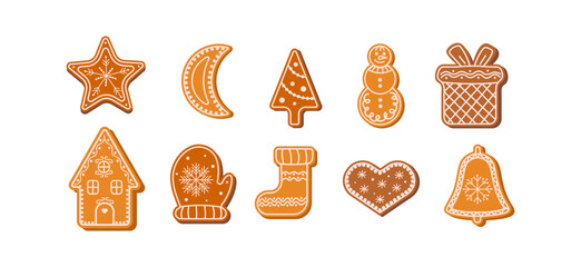 Christmas gingerbread cookies set. Vector Xmas clipart with holiday sweets in shapes of star, moon, tree, snowman, gift, house, mitten, stocking, heart and bell. New Year decoration stickers