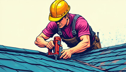 Construction worker repairing roof with nail gun in sunny environment  