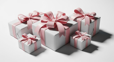 Obraz premium White Christmas gift boxes with pink ribbons, festive holiday background with white gift boxes tied with pink ribbons on a light backdrop.