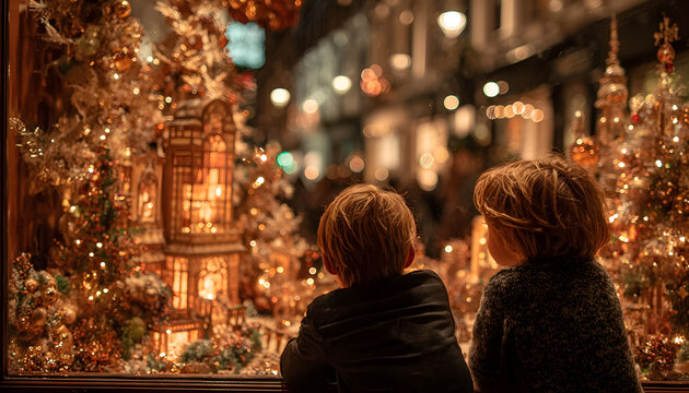 Photo of two children mesmerized by a festive Christas window display - Powered by Adobe