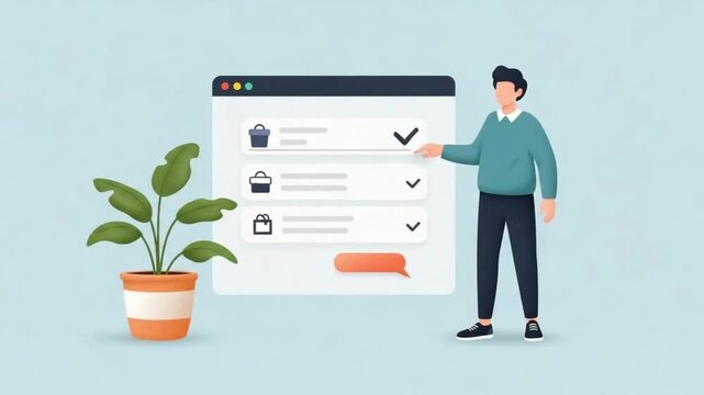 Man Interacting with Online Shopping List on Screen Display