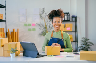 Smiling young entrepreneur managing her online store orders in her office
