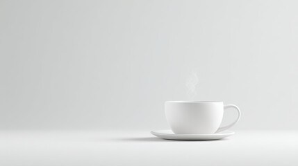 Obraz premium photorealistic ultraminimalist scene featuring steaming cup of coffee placed on perfectly white table