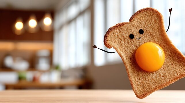 Cheerful bread slice with a sunny egg yolk in a cozy kitchen setting during morning hours - Powered by Adobe