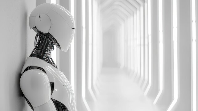 A white robot with a helmet and a long neck standing in a futuristic corridor with glowing lights.