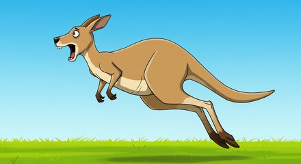 Cartoon kangaroo leaping across green grass and blue sky background