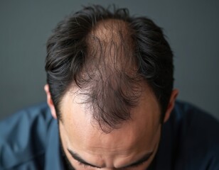 Fototapeta premium Close-up of man with thinning hair showing receding hairline and scalp. Male pattern baldness visible on dark hair. Focus on hair loss, grooming, and care solutions.