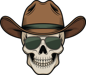 Skull cowboy, vector illustration, western skeleton art, aviator sunglasses, brown hat, edgy character design, Halloween clipart, stylish spooky graphic