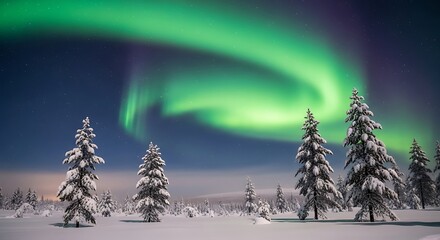 Aurora Borealis over snowy forest.
